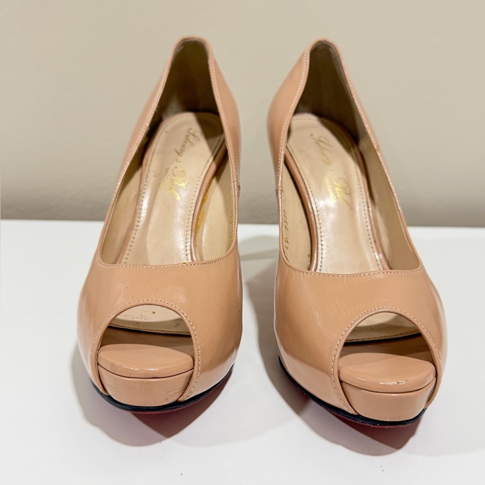 Beige Patent Leather Handmade Peep Toe Heel Platform Pumps Women Size 7.5 - Picture 6 of 14